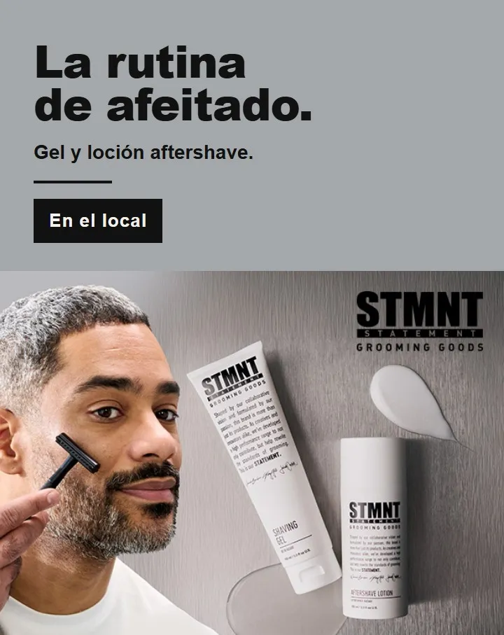 La rutina de afeitado. Gel y loción aftershave STMNT. Foto de campaña. La persona no trabaja en Ikaro.