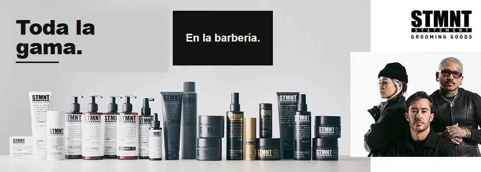 Toda la gama STMNT en la barbería. Foto de campaña. Quienes salen no trabajan en Ikaro.